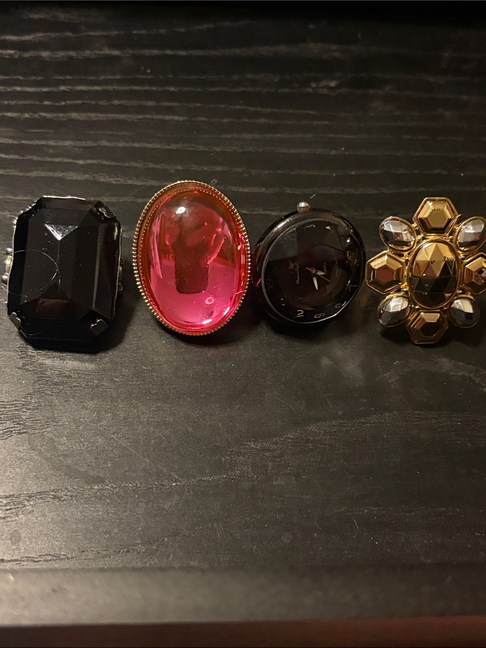 Set of Four Statement Rings in Black, Hot Pink and Gold